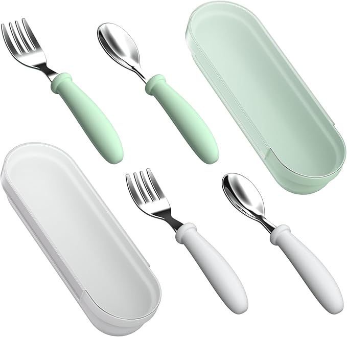 Toddler Utensils, Kids Stainless Steel Silverware Set, Toddler Forks and Spoons, Baby Utensils Set with Storage Box for Self Feeding Safe, Dishwasher Safe (2 Set with Case)