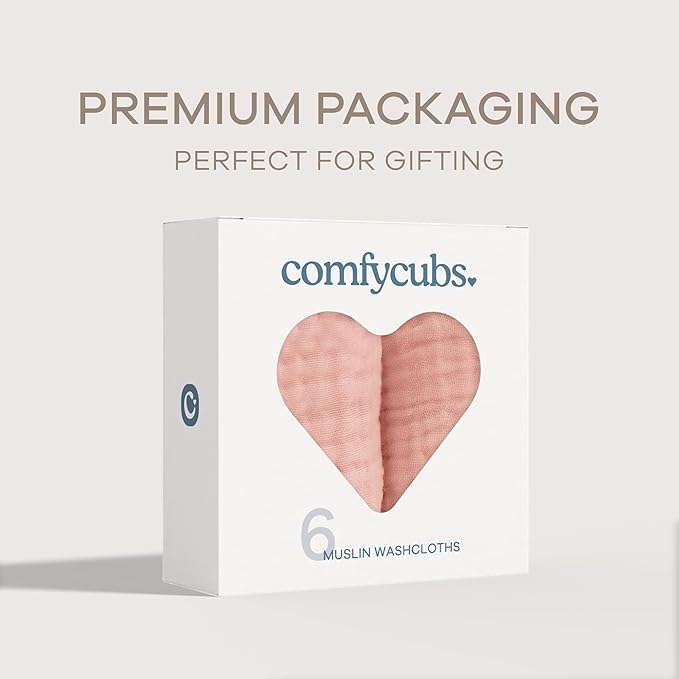 Comfy Cubs Muslin Baby Washcloths 6 Pack - Soft 6-Layer Cotton Wash Cloths for Sensitive Skin - 10"x10" Large, Gentle, Absorbent Infant Essentials for Newborn and Toddlers - Lace