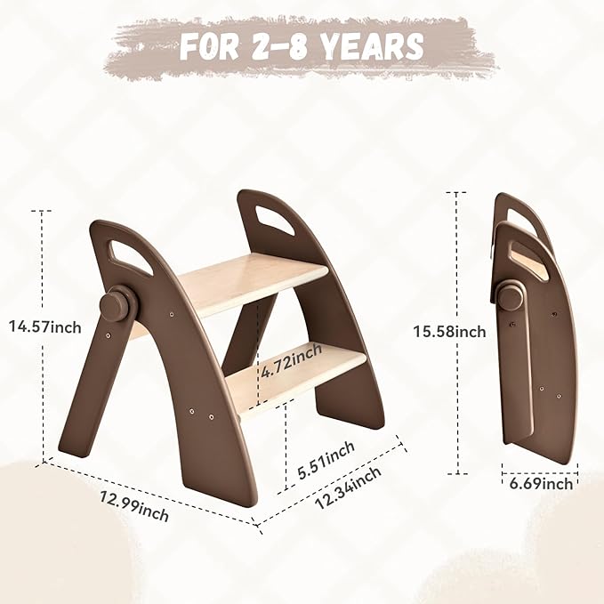 Wooden 2 Step Stool for Kids Bathroom Sink Foldable Anti-Slip 2-Step for Toilet Potty Training, Child Stepping Stool for Kitchen Nursery Bedroom, Sturdy Non Slip Adult Stool for Closet Brown