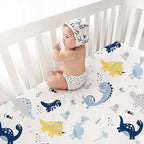 Plushii Crib Sheets for Baby Boys 4 Pack, 28"x 52" Extra Soft Microfiber Crib Sheet Set for Standard Crib & Toddler Mattress Pad, Dinosaur & Elephant & Stars & Navy Blue