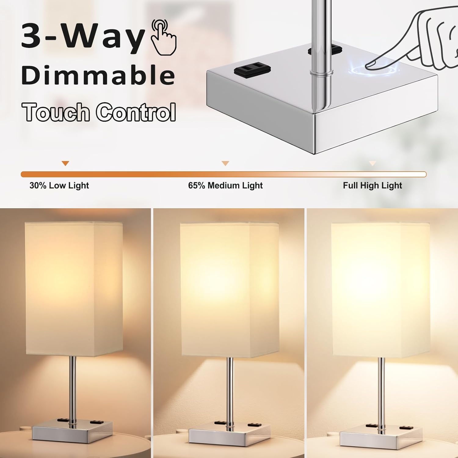 Touch Bedside Table Lamp For Nightstand - 3-Way Dimmable Night Lamp with USB A + Type C Charging Ports and two AC Outlets, Small Desk Light with E26 LED Bulb for Bedroom Living Room, WHITE PLUS