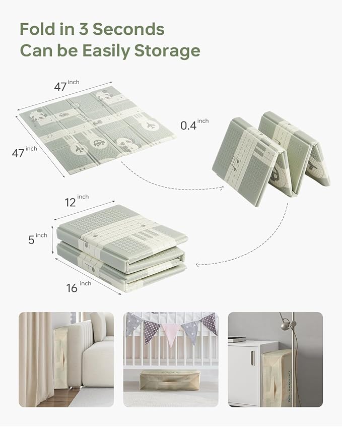 Baby Floor Play Mat 47"x47" Baby Playpen Mat, Foldable Baby Girl Playmat, Reversible Waterproof Foam Play Mats for Baby, 0.4 inch Crawling Baby Mat for 50" X 50" & 47"x47" Playpen(47*47*0.4)