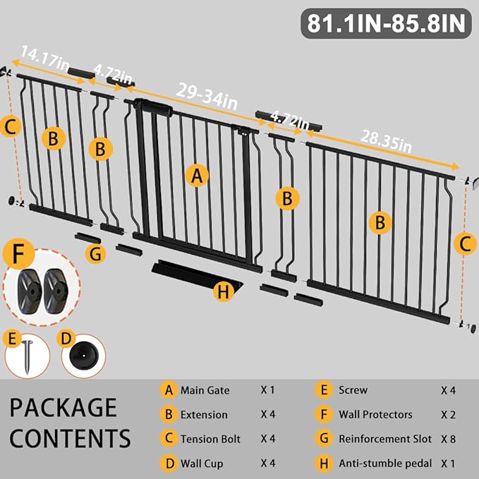 Fairy Baby Extra Wide Baby Gate 81.1-85.8 Inch Wide, Walk Through Pressure Mounted No Drill, Long and Large Tension Dog Gate for Pet and Kids