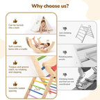 Pikler Triangle Set with Cushion, 8-in-1 Toddler Climbing Toys Indoor, Wooden Montessori Climbing Set with Arch Ramp,Ladder&Tent Cloth, Baby Indoor Climber Jungle Gyms for Toddlers Toy, Rainbow