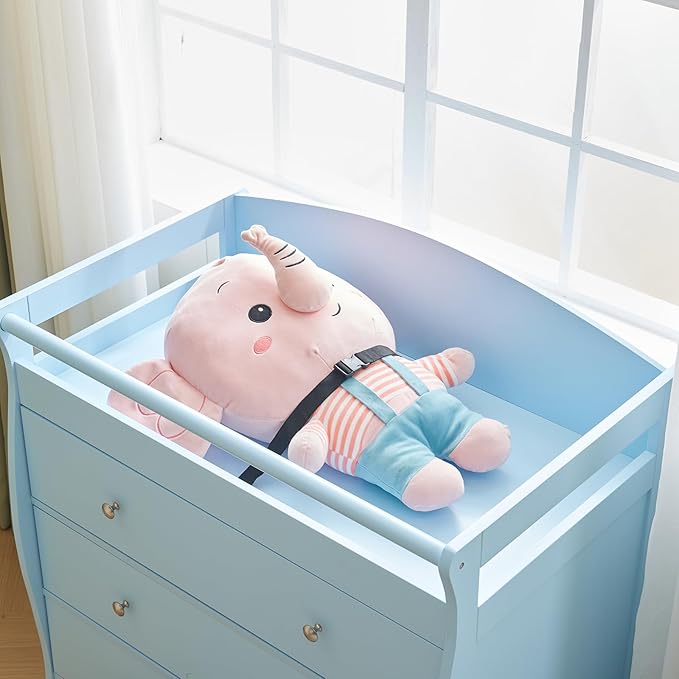 3-Drawer Changing Table, Safety Rails & Strap, Infant Diaper Changing Station with Drawers, Baby Diaper Changing Table Dresser for Nursery, Easy Assembly (Blue)