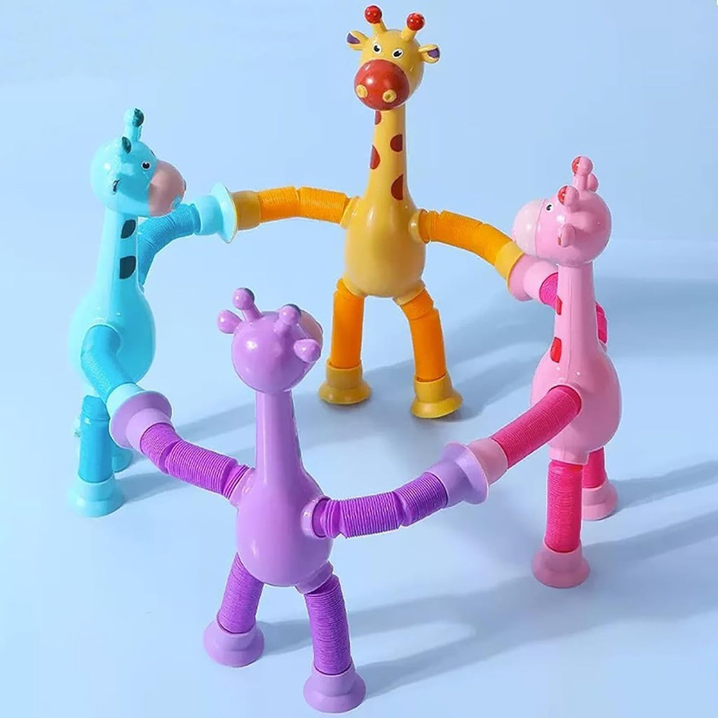 Suction Cup Pop Tubes Giraffe Toy 4PCS, Telescopic Sensory Fidget Toys Funny Shape Changing for Kids Boys Girls Adult Giraffe
