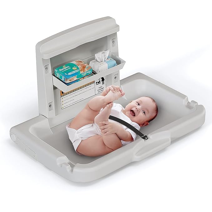 BELZAR Wall Mounted Baby Changing Station - Horizontal Baby Foldable Wall Mounted Changing Table with Safety Strap Paper Holder for Commercial Bathrooms, ADA Complaint White Gray