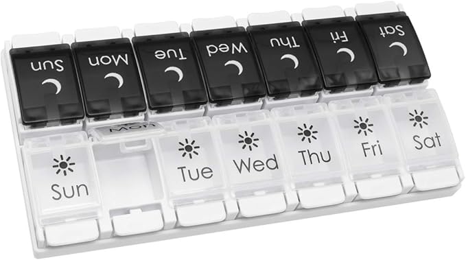 EZY DOSE Push Button (7-Day) Pill Case, Medicine Planner, Vitamin Organizer, 2 Times a Day AM/PM, Removable Trays, Large Compartments, Arthritis Friendly, Spring Open Black and White Lids, BPA Free