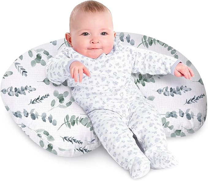 Little Grape Land Nursing Pillow, Soft 100% Cotton Breastfeeding Pillow with Breathable Muslin Removable Cover, Green Leaves Breast Feeding Pillows for Babies 0-12 Months with Protective Zipper