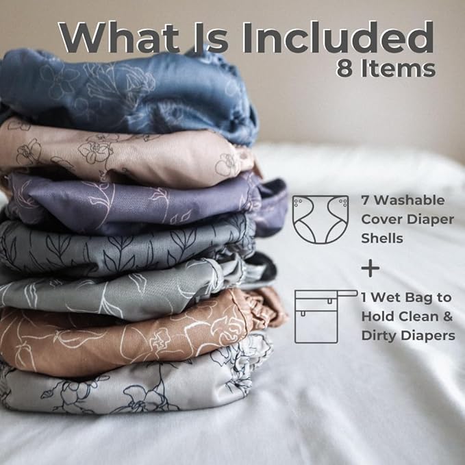 Nora's Nursery Cloth Diaper Cover, Reusable Cover with Snap Closure for Flat or Fitted Inserts - 7-Pack with Wet Bag - Modern Bloom