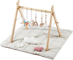Baby Gym with Mat, Wooden Play Gym with 9 Sensory Toys, Foldable Baby Play GymFrame Activity Center, Natural Pine Wood, Montessori Toys, Easy to Assemble & Clean, Natural Color