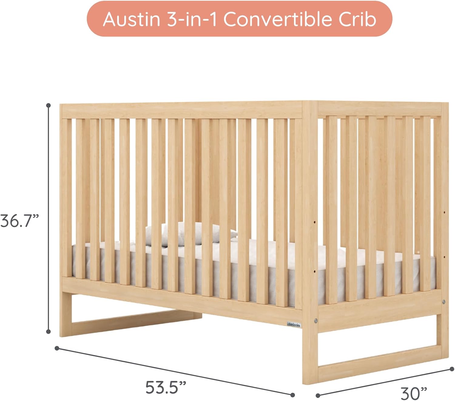 dadada Austin 3-in-1 Convertible Crib to Toddler Bed & Daybed - Made in Italy, GREENGUARD Gold Certified, Baby-Safe Finish, Sustainable Beech Wood, Modern Design, 3 Adjustable Heights (Natural)