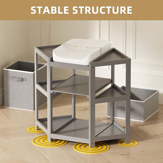 YUFU Baby Corner Changing Table with Storage Drawers, Portable Diaper Changing Station with Baby Changing Pad, Modern Wood Changing Table Dresser for Infants and Toddlers (Gray)