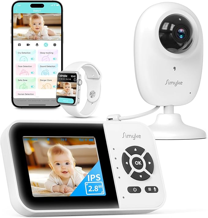 Smart Video Baby Monitor,2.8" Display & 1080p Camera,WiFi/No WiFi Modes,Cry Detection,2-Way Audio Talk,VOX/ECO,Feeding Timer,Temperature Sensor,Night Vision,8 Lullabies, Supports 4 Cameras