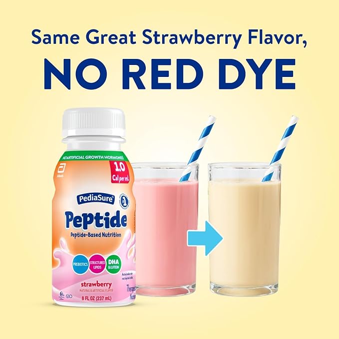 PediaSure Peptide 1.0 Cal, Peptide-Based Formula, Sole-Source Nutrition Drink for Tube Feeding or Oral Nutrition, Strawberry, 8-fl-oz Bottle, Pack of 24