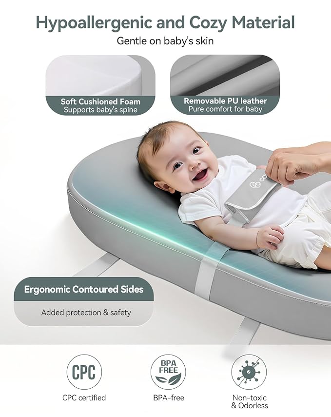 COMOMY Baby Changing Pad with Wipeable & Waterproof PU Cover, Contoured Diaper Changing Pad for Dresser with Non-Slip Safety Belt, Portable and Lightweight, Large Cushioned Foam, Gray