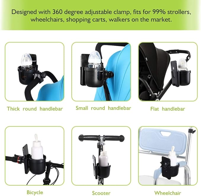 Accmor Stroller Cup Holder with Hook, Bike Cup Holder, Universal Cup Holder for Uppababy Nuna Doona Strollers, 2-in-1 Cup Phone Holder for Stroller, Bike, Wheelchair, Walker, Scooter