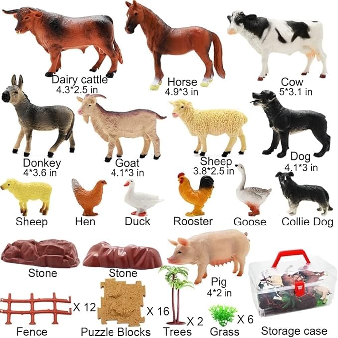 BOLZRA Farm Animal Figurines, Realistic Plastic Animals Toys with Fences Building Blocks, Farm Figures Playset Educational Birthday Gift for Kids & Toddlers, 53 PCS