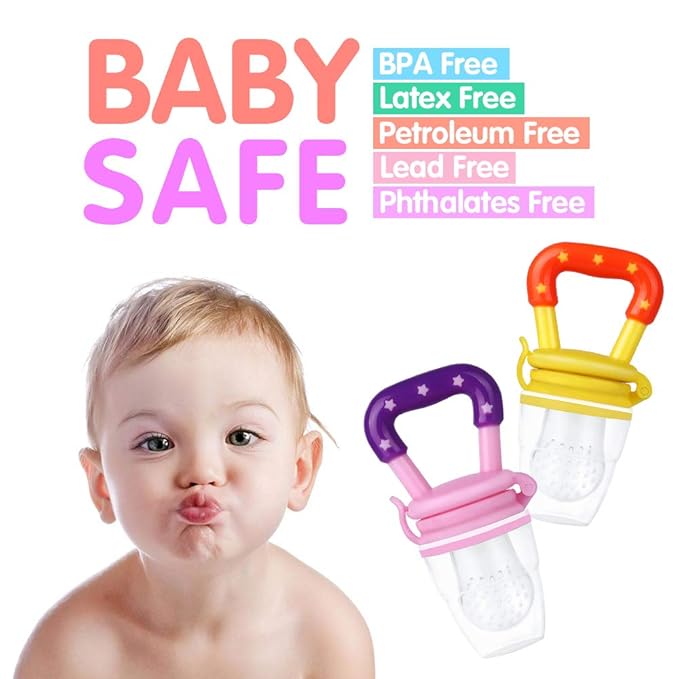 Baby Fruit Feeder by HAOBAOBEI, Frozen Teething Toys for Babies, Fruit Pacifier Feeder with 4 Sizes Silicone Pouches, Eating Essentials, BPA Free Feeding Supplies -2 Pack (Pink Yellow)
