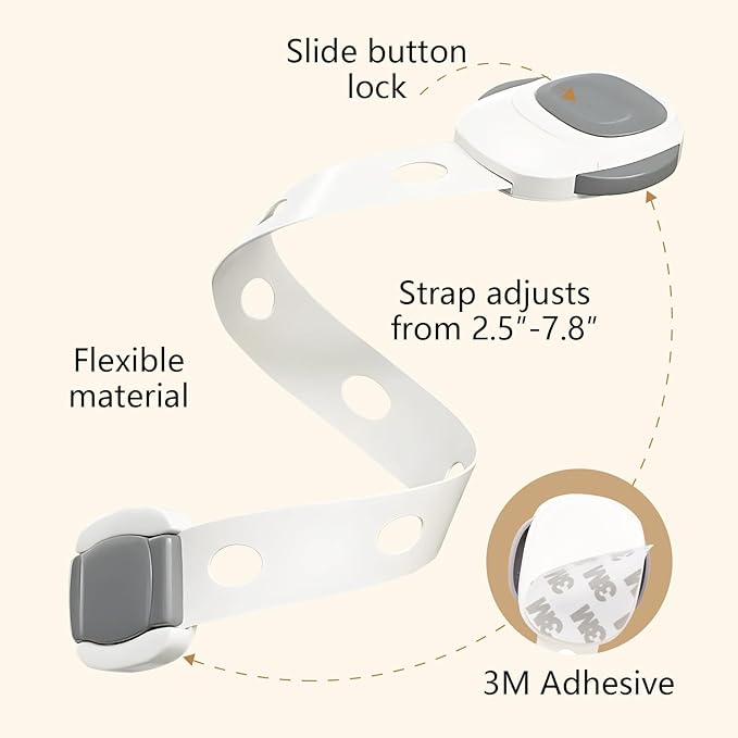 Baby Proof Toilet Lock (4-Pack) - Child Safety Cabinet Locks for Toilet Seat, Drawers, Fridge, Doors | Easy Install with Strong 3M Adhesive | Non-Toxic & Adjustable Strap for Toddler & Pet Safety