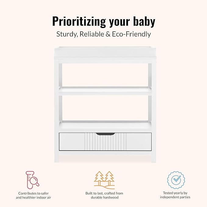 Dream On Me Ivy Baby Changing Table – Compact Modern Changing Station with Spacious Drawer & 2 Open Shelves, New Zealand Pinewood, Easy-to-Clean Non-Toxic Finish, Space-Saving Nursery Storage – White