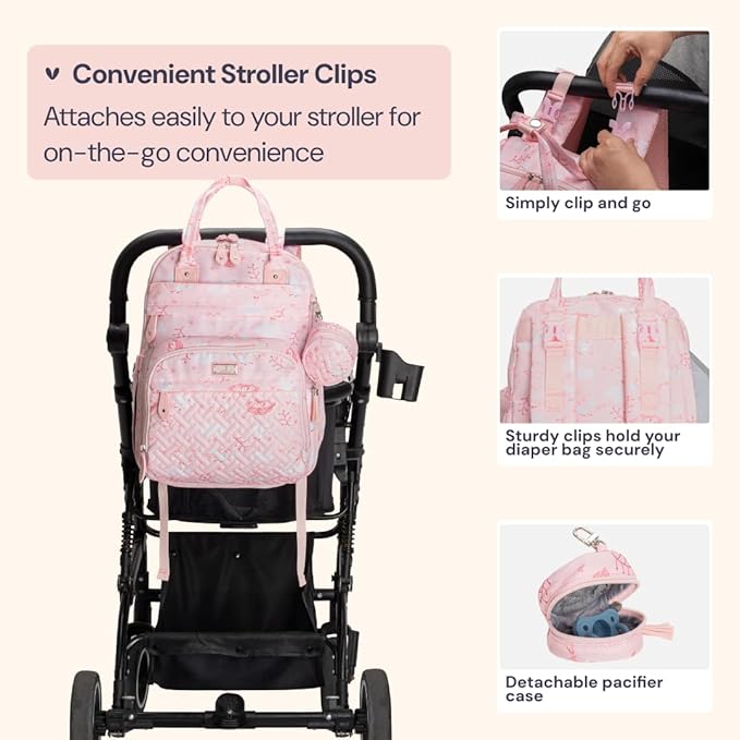 BabbleRoo Diaper Bag Backpack - Baby Essentials, Travel Essentials Baby Bag with Changing Pad, Stroller Straps & Pacifier Case - Unisex, Pink Birdy