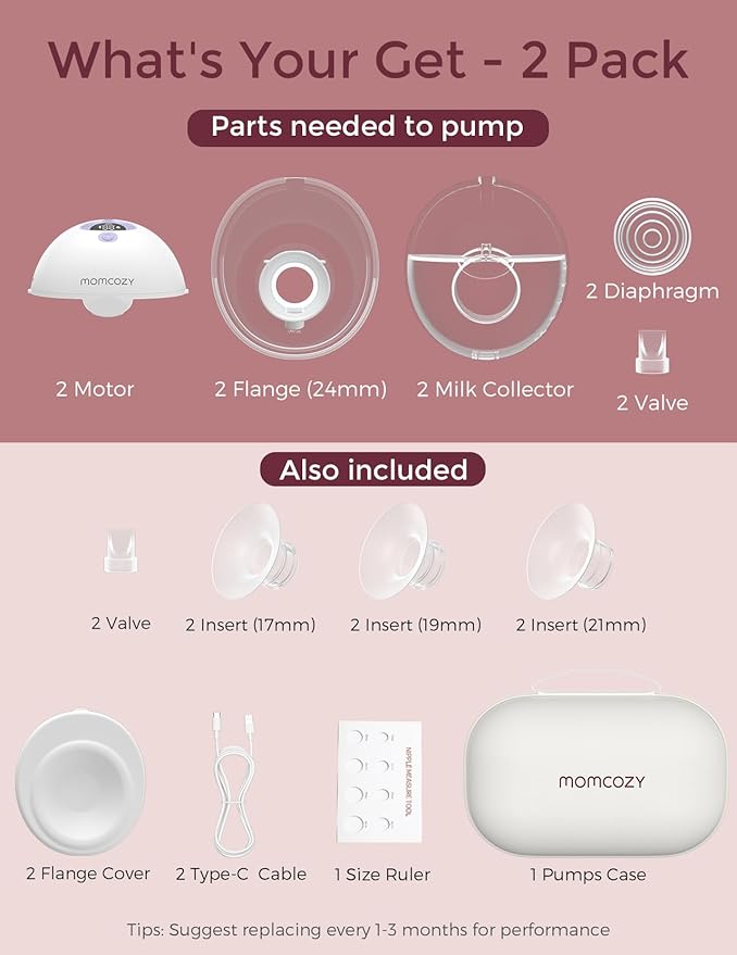 Momcozy M5 Hands-Free Wearable Breast Pump, Double-Sealed Flange for Baby-Like Comfort, 3 Modes & 9 Suction Levels, Portable Electric Pump – 24mm, 2-Pack Lilac