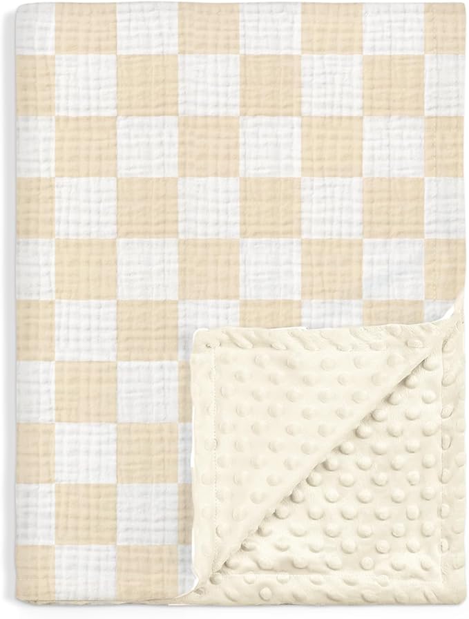 Checkered Baby Blankets for Boys Girls, Soft Nursery Minky Blankets with Muslin and Dotted Fleece Back 30x40 inches, Receiving Bed Quilt for Newborn, Infants, Toddlers