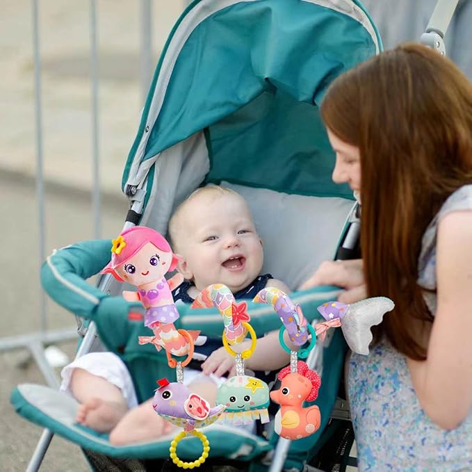 Baby Car Seat Toys, Car Seat Toy for Babies Infants 0-6 Months Activity Spiral Mermaid Hanging Stroller Toys Gift for Baby Girls 0 3 6 12 Months Newborns Sensory Toys with Rattles Squeaker Music- Pink