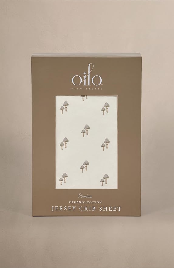 Oilo Crib Sheet, Breathable, Fitted, Organic Cotton Jersey, 300-Thread, Machine Wash, Fits Standard Crib (28" x 52" x 6"), Toddler Bedding, Heirloom Organic Collection, Mushroom