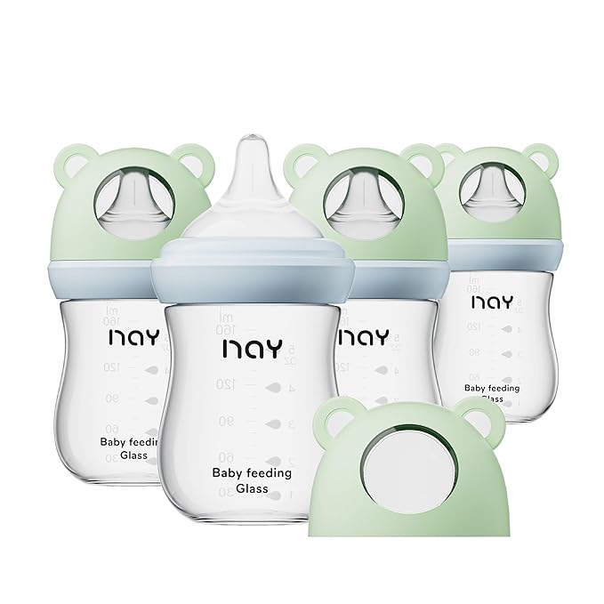 Natural Glass Baby Bottle for Breastfeeding Babies, 5.4oz Anti-Colic Baby Bottle with Natural Response Nipple(S), Clear, Wide Neck, 4 Pack, 1 Months+
