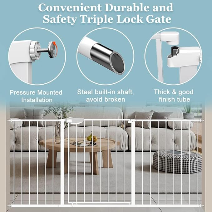 WAOWAO Triple Lock Baby Gate Extra Wide 53.93-57.87" Pressure Mounted Walk Through Swing Auto Close Safety White Metal Dog Pet Puppy Cat for Stairs,Doorways,Kitchen