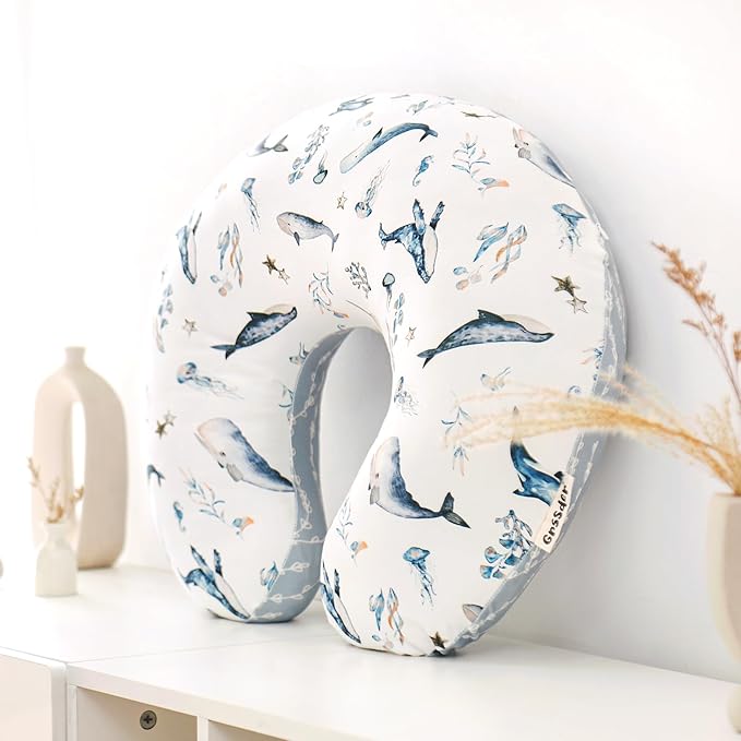 GRSSDER Reversible Nursing Pillow Cover, Ultra Soft Stretchy Minky Removable Nursing Covers Fitted for Breastfeeding Pillows Snug and Safe, Sea Fish