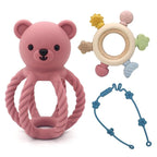 3Pcs Baby Silicone Teether Toy Set - Food-Grade Silicone Teething Relief Toys,Wooden Ring Teether Cute Bear Toy and Toy Straps for Babies 3-12 Months(Pink)