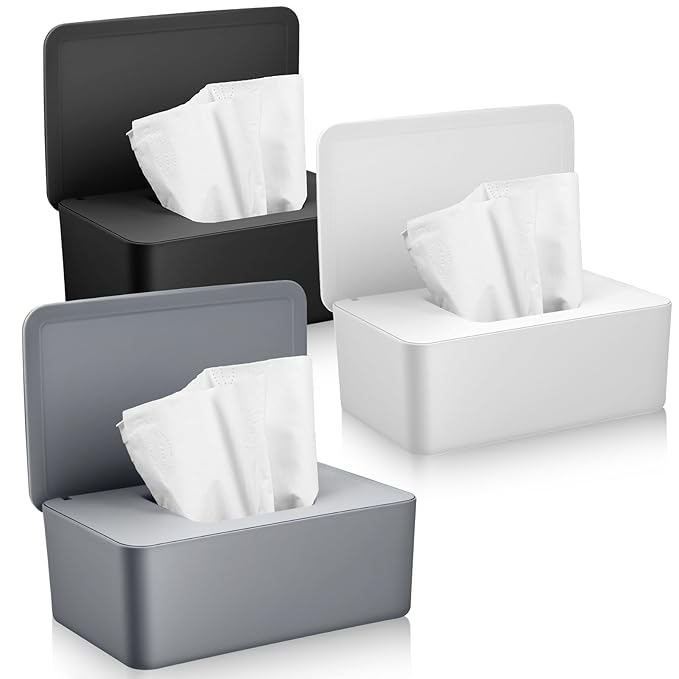 Baby Wipes Dispenser 3 Pack Wipe Holder for Baby & Adult Refillable Baby Wipes Cases with Lid Toilet Container for Bathroom Home Office Cars