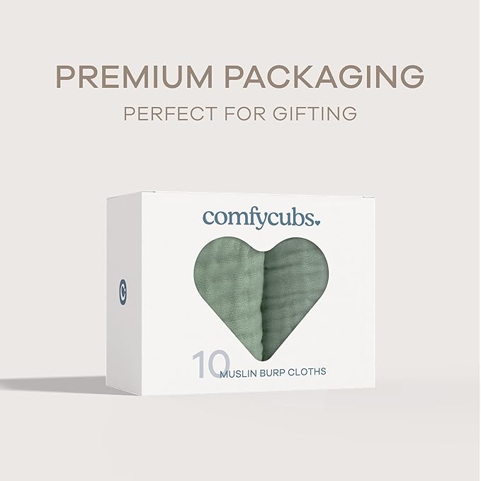 Comfy Cubs Muslin Burp Cloths 20" x 10", Pack of 10 - Large, 6-Layer, Ultra Absorbent 100% Cotton for Baby Drool and Messes - Soft, Safe & Gentle Baby Burp Cloths for Boys & Girls - Fern