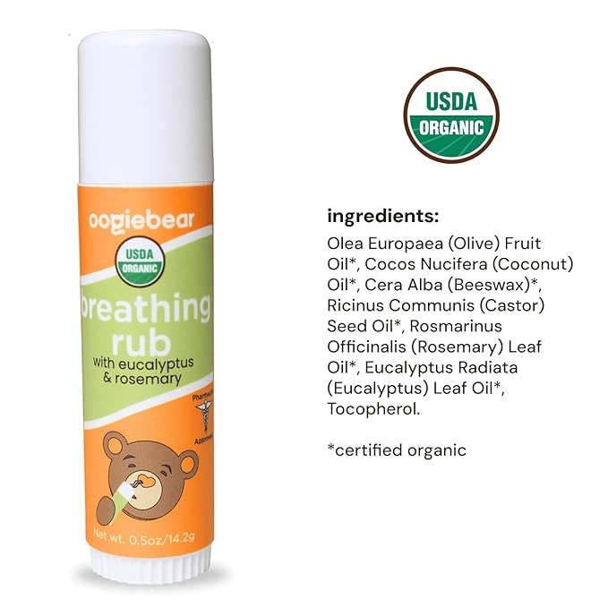 oogiebear Baby Breathing Rub, Made with Naturally Soothing Eucalyptus & Rosemary, USDA Organic Safe for Babies 3 Months & Older, 0.5 Oz Balm