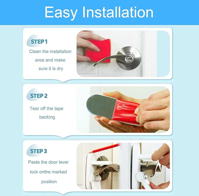 Childproof Door Lever Lock Baby safety locks for doors (3 Pack) Improved door safety for kids, 3M Adhesive No Drilling Child Safety Door Handle Lock. Simple Install, No Tools Needed (White, 3)