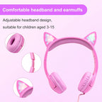 Olyre Girls Headphones with LED Light Up Cat Ears and Sharing Port 85db Volume Limited Kids Headphones,On-Ear LED Children Earphones for School Learning Travel - All Pink