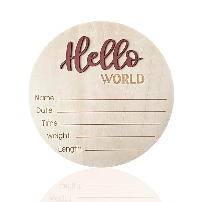 Baby Announcement Sign, 5.9 Inch Wooden Hello World Newborn Signs, Birth Announcement Sign, Baby Shower Hospital Nursery for Newborn Boys and Girls (Tea Red)