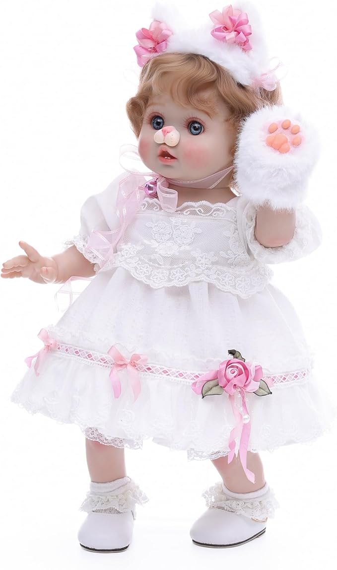 Baby Doll, 18 Inch Realistic Reborn Toddler Real Life Baby Dolls with White Lace Dress, Magnetic Cat Nose, Fluffy Paw Mitten & Tail, Premium Collectible Gift for 3+ Year Old Girls