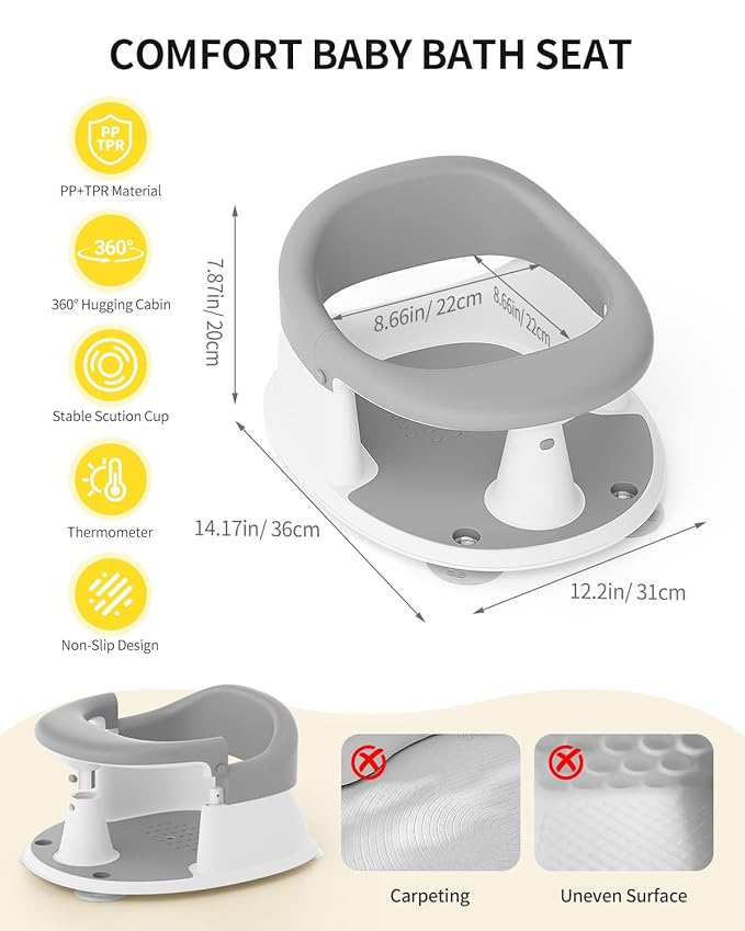 Baby Bath Seat for Babies 6 Months & Up, Bath Seats for Babies Sitting Up, 3 Baby Bath Toys, Open Design, Non-Slip, Compact Toddler Bath Seat.