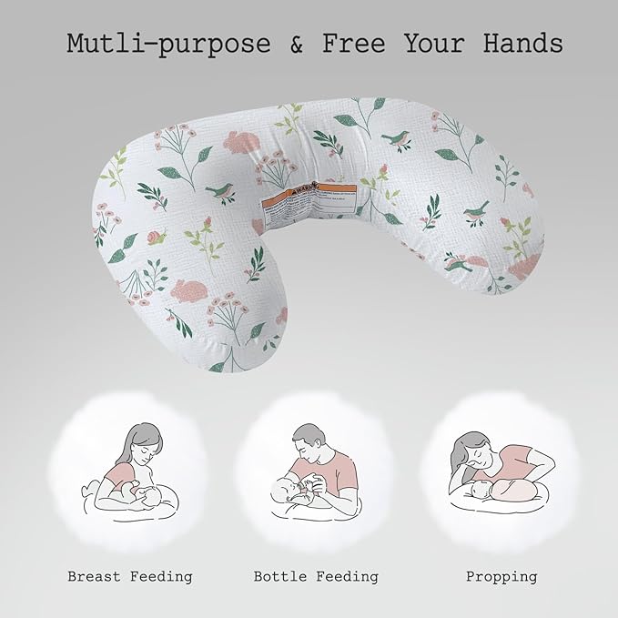 Little Grape Land Nursing Pillow, Soft 100% Cotton Breastfeeding Pillow with Breathable Muslin Removable Cover,Pink Bunny Breast Feeding Pillows for Babies 0-12 Months with Protective Zipper