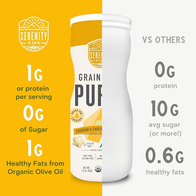 Serenity Kids 6+ Months Grain-Free Baby Puffs Snack - Baby & Toddler Snacks for 6+ Months - No Added Sugar & Gluten & Rice Free - BPA & Allergen Safe with Organic Cassava & Veggies - 1.5 Oz, 6 Pack