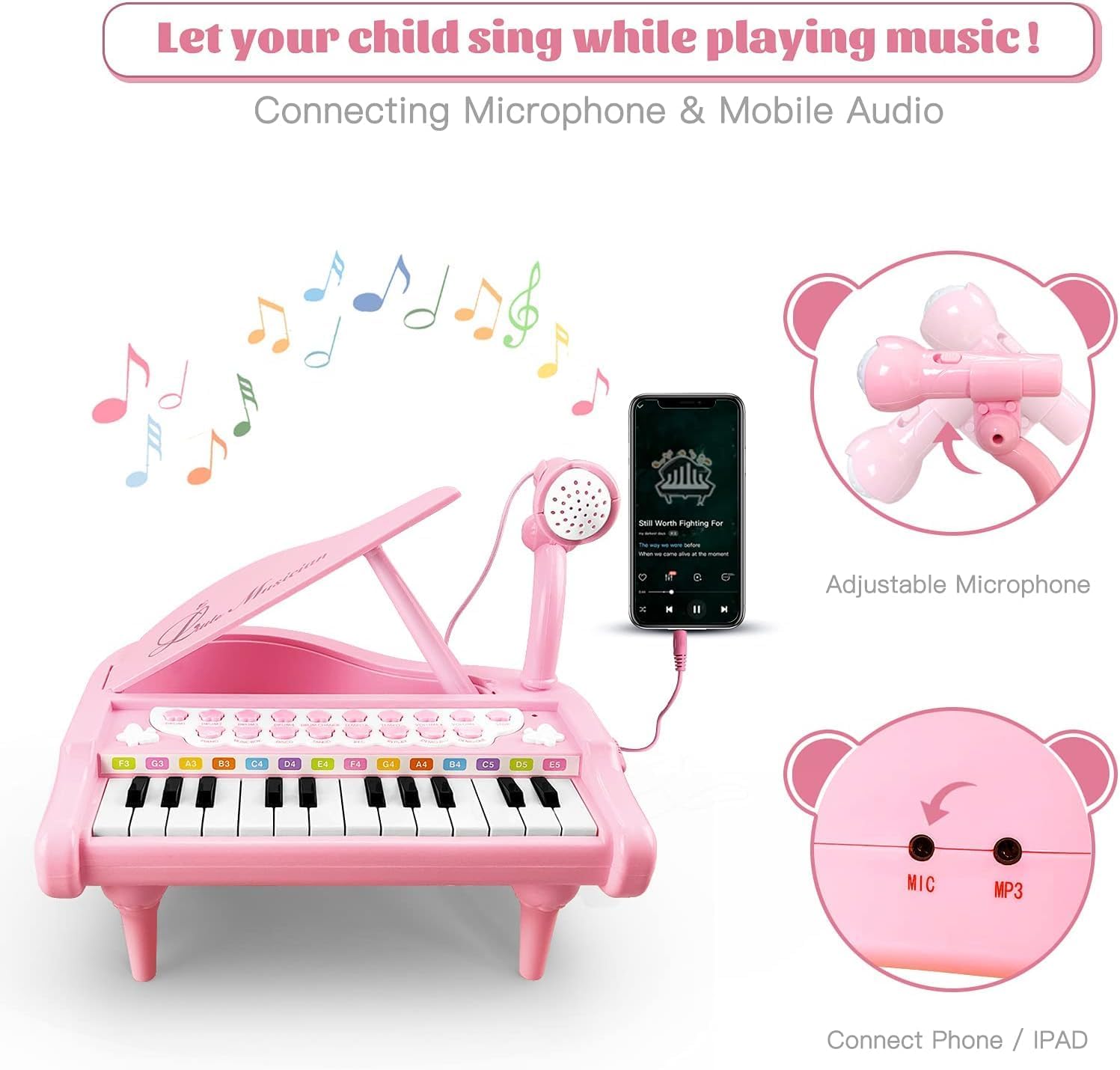Love&Mini Piano Keyboard Toy for Girls - 24 Keys Toddler Music Toy Instrument with Microphone, Pink Piano Toy for 1 2 3 Years Old Girls Birthday Gift