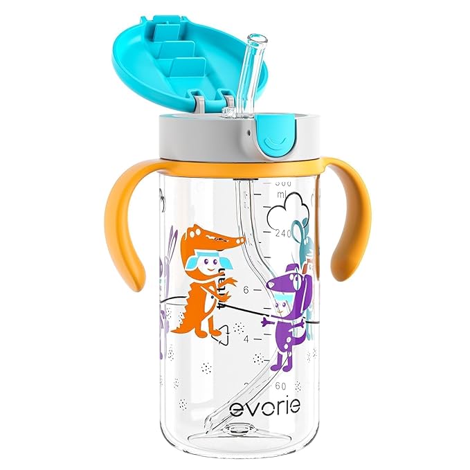 Evorie Tritan Spill Proof Toddler Straw Sippy Cup, 10 oz for Baby and Toddlers 1-3 Years Old, No Spill Straw Water Bottle with Removable Handles, Ideal for School, BPA-Free (Imaginations)