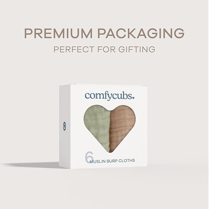 Comfy Cubs Muslin Burp Cloths 20" x 10", Pack of 6 - Large, 6-Layer, Ultra Absorbent 100% Cotton for Baby Drool and Messes - Soft, Safe & Gentle Baby Burp Cloths Set for Boys & Girls - Multi