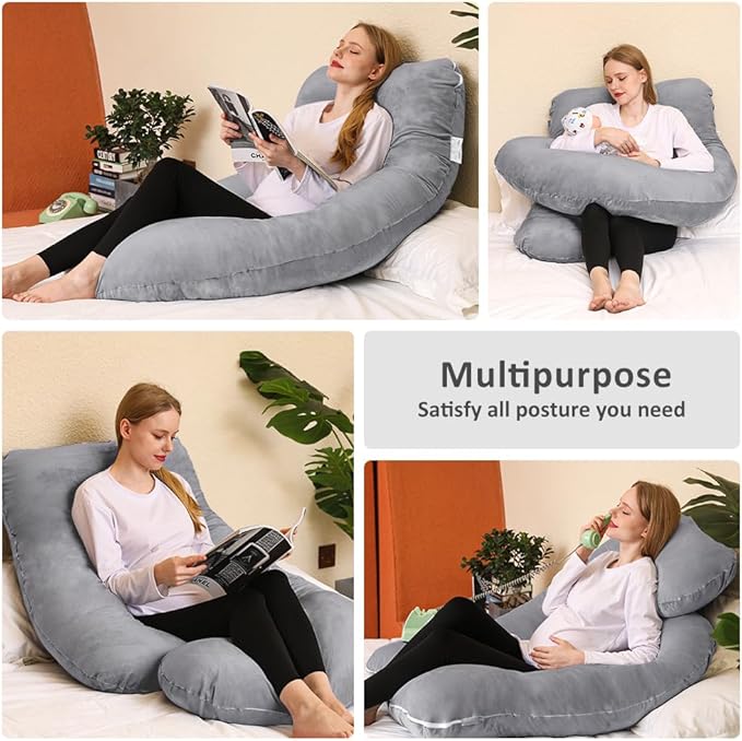 Chilling Home Memory Foam Pregnancy Pillow, J Shape Pregnancy Pillows for Sleeping, Body Pillow for Adults, Maternity Pillow for Pregnant Women, with Velvet Removable Cover, Light Grey