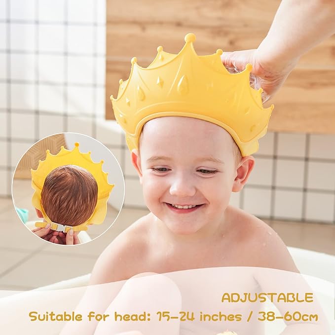 Baby Shower Cap Shield, Shower Cap for Kids, Visor Hat for Eye and Ear Protection for 0-9 Years Old Children, Cute Crown Shape Makes the Baby Bath More Fun(Yellow)