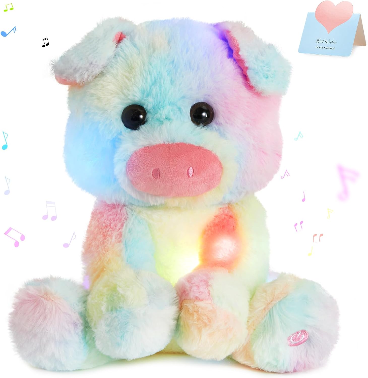 Glow Guards 12''Musical Light up Rainbow Pig Stuffed Animal,LED Singing Soft Piggy Farm Animal Plush Toy with Night Light&Lullaby,Ideal Gifts Birthday Children's Day Hoilday for Toddler Kids